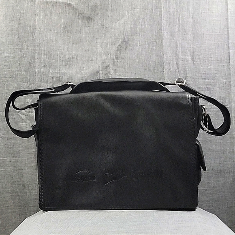 Bellino Black Leather Messenger Laptop Bag Briefcase w/ logos, office bag